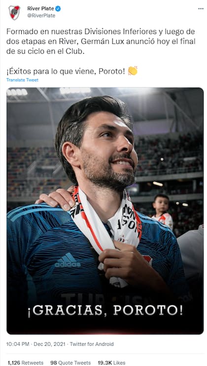 En River lo despidieron con un mensaje publicado en las redes sociales