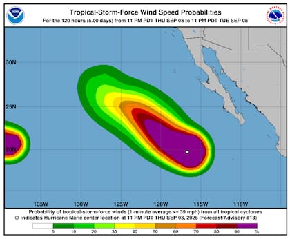 En su análisis del viernes 4 de septiembre, el Centro Nacional de Huracanes indicó que Marie se desplaza hacia el oeste-noroeste tras fortalecerse levemente