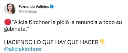En su cuenta de Twitter, Fernanda Vallejos felicitó a Alicia Kirchner por haberle pedido la renuncia a todo su gabinete