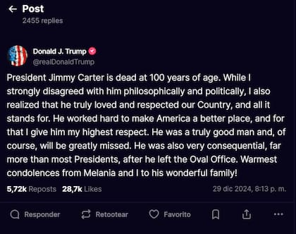 En su mensaje, Trump envió condolencias a la familia de Jimmy Carter