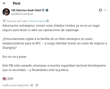 En sus mensajes, Patel advirtió que Estados Unidos ya no es un lugar seguro para realizar operaciones de inteligencia ni para actuar dentro de sus fronteras