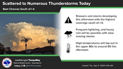 En Tampa se prevén lluvias concentradas en el sur del área