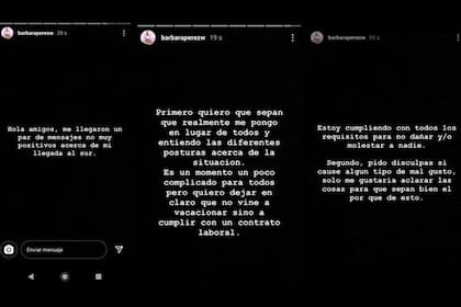 En tres Instagram stories, Bárbara Pérez hizo su descargo y sostuvo que no infringió normas durante su viaje