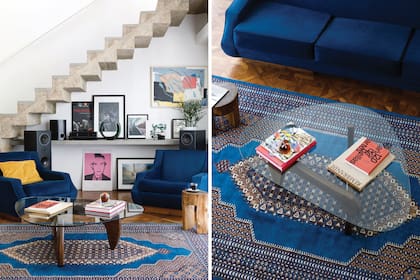 En un actualísimo azul, la alfombra persa antigua combina a la perfección con el color de los sillones y se luce a través de la tapa de vidrio de la mesa ratona.