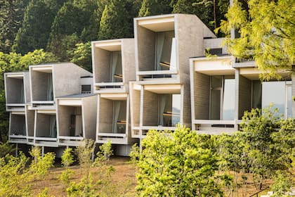 En un entorno boscoso, todas las habitaciones tienen vista al lago Kawaguchi.