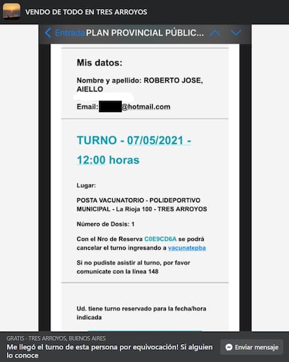 En un grupo de Facebook, una mujer advirtió que a su correo llegó el turno para vacunar a Roberto Aiello, que resultó ser un hombre fallecido hace 14 años