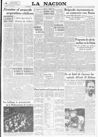 "En un hotel de Caracas fue raptado Alfredo Di Stéfano", consigna LA NACION en su tapa del 25 de agosto de 1963