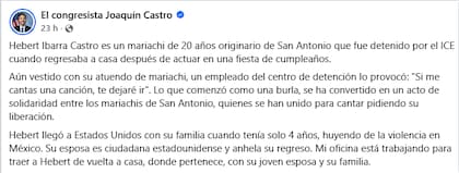 En un mensaje en redes sociales el congresista Joaquín Castro retomó el caso de Herbert Ibarra