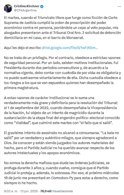 En un mensaje en su cuenta de X, Cristina Kirchner anunció que se presentará ante la Justicia el miércoles 18 de junio
