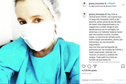 En un post de Instagram, Marziotta contó ayer que un segundo hisopado le dio positivo