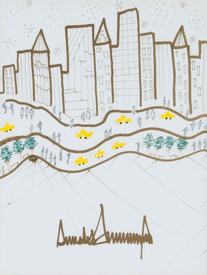 En una fotografía sin fecha de Heritage Auctions, un dibujo fechado en 2005 por el presidente Donald Trump de una sección del horizonte de Manhattan que fue donada a la organización St. Francis Food Pantries and Shelters en Nueva York