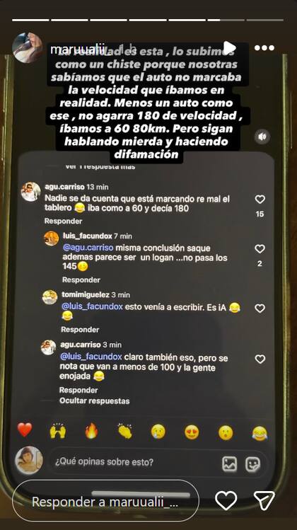 En una historia de Instagram, la acompañante comentó que el velocímetro se encontraba averiado y no marcaba la velocidad correctamente