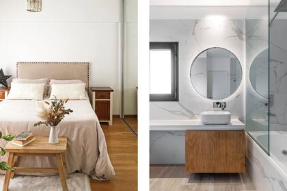 En uno de los dormitorios, acolchado y el juego de almohadones (Arredo). Alrededor de la cama, se incluyeron elementos de madera: dos mesas de luz (Mercado de Pulgas y un banco nórdico (Manada). Florero con ramo seco (Somos Tu Evento).