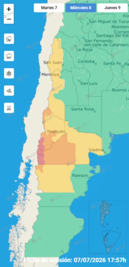 En varias provincias argentinas rigen alertas por lluvia, vientos, nevadas y viento Zonda