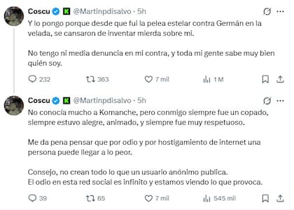 En X, Coscu criticó a los detractores de El Komanche