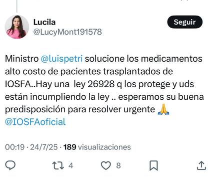 En X se reproducen los reclamos al ministro Luis Petri por la falta de entrega de remedios para pacientes de Iosfa