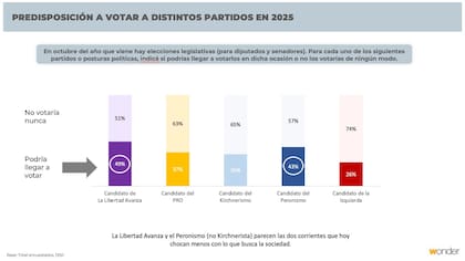 Encuesta sobre predisposición a votar a distintos partidos en 2025