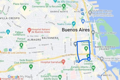 ENmarcado en azul, el sector de la ciudad que ocuparía el Barrio Sur, unas 200 hectáreas entre la Avenida 9 de Julio, Caseros, Paseo Colón y Belgrano