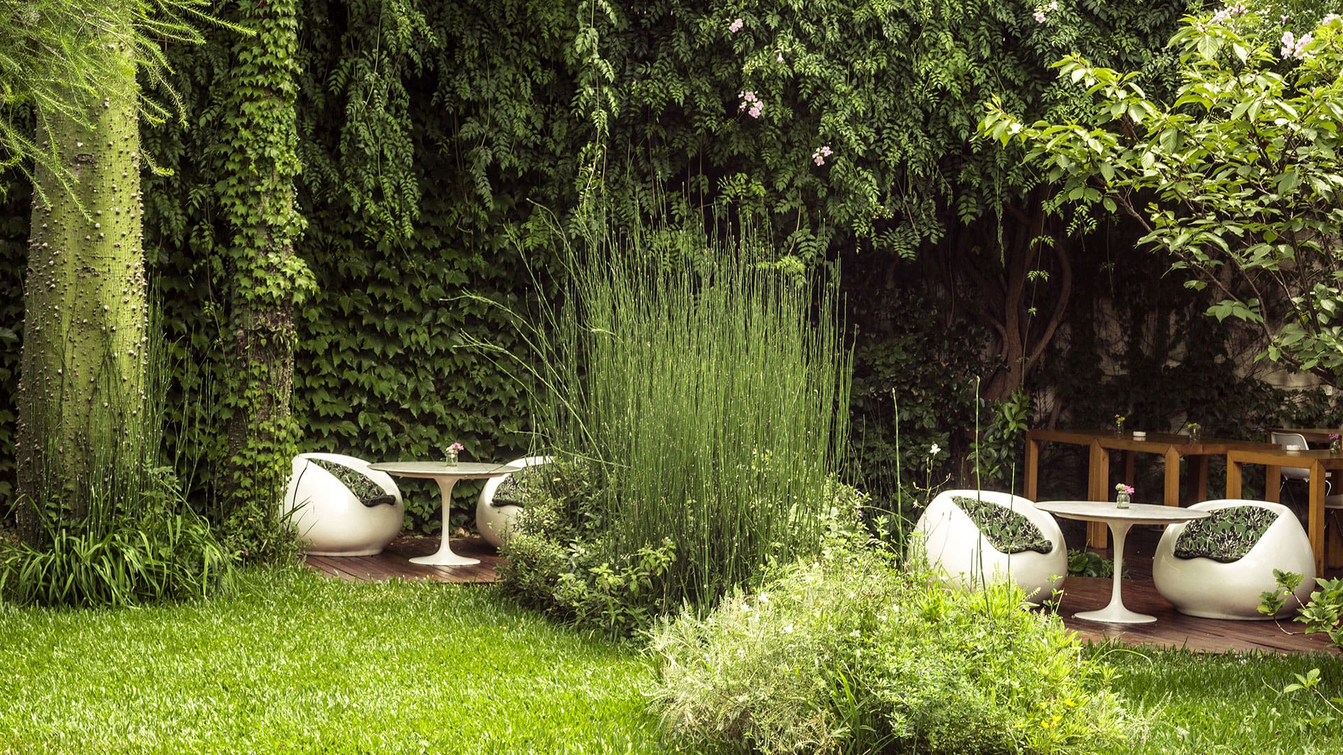El jardín del hotel boutique Home invita a un descanso entre plantas en pleno Palermo Hollywood.