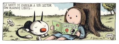 Enriqueta lee a Mafalda en la tira de Liniers