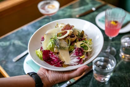 Ensalada de palmitos a la plancha, achicoria, hinojo rallado y parmesano, con vinagreta de limón.