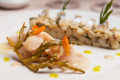 Ensalada de pejerrey ahumado con viruta de lenga, con papa, salicornia y saborin en fetas.