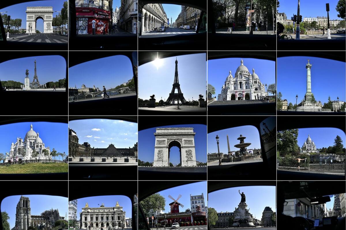 Ensayo fotográfico de varias imágenes tomadas por el fotógrafo Christophe Archambault a través de la ventanilla de un taxi que muestra los monumentos desiertos de París