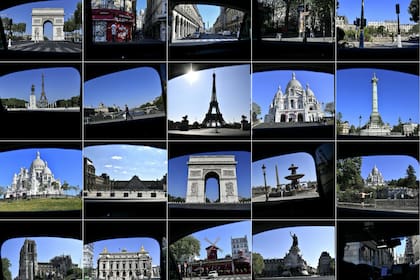 Ensayo fotográfico de varias imágenes tomadas por el fotógrafo Christophe Archambault a través de la ventanilla de un taxi que muestra los monumentos desiertos de París