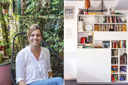 Entre el living y el comedor se ubicó una amplia biblioteca de madera laqueada blanca: el diseño dinámico incorpora espacio para exhibir y sectores de guardado cerrados.