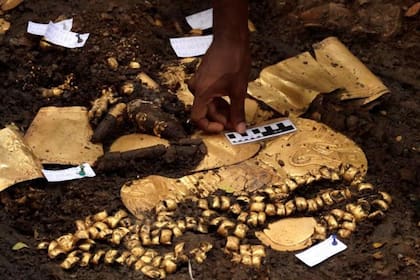 Entre la vestimenta de oro que encontraron había 5 pectorales, 2 cinturones de cuentas esféricas y 4 brazaletes