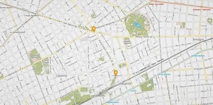 Entre los dos puntos amarillos se encuentra la traza de la avenida Honorio Pueyrredón que será intervenida