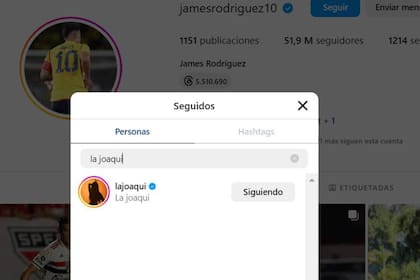 Entre los indicios que sugieren la existencia de un romance entre La Joaqui y James Rodríguez está el hecho de que él la sigue a ella en Instagram