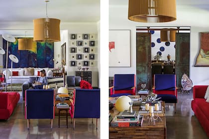 Entre los sillones gris y rojo (Casa Palacio, México), tres lámparas de pie (La Pasionaria). Al otro lado, sobre un mueble negro con cajones (Pablo Ledesma), obras de Alfredo Prior con marcos blancos y negros.