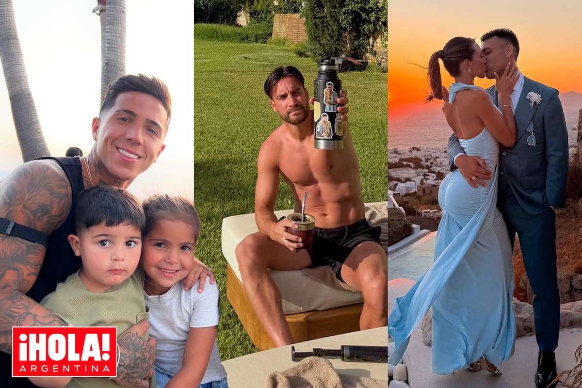 Enzo Fernández (25) con sus hijos Olivia y Benjamín, Nicolás Tagliafico (33) y Lautaro Martínez (28) con su mujer Agustina Gandolfo