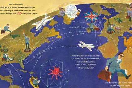 Erdős viajando de un lado al otro en una de las imágenes del libro infantil "El niño que amó las matemáticas: la improbable vida de Paul Erdos" de Deborah Heiligman, con ilustraciones de LeUyen Pham