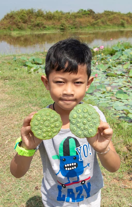 Erik es uno de los tantos habitantes de Camboya que recogen las flores de loto para alimentarse.