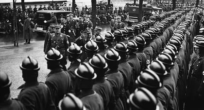 Ernst Röhm, jefe de la SA, inspecciona a las tropas de asalto del partido nazi (Hulton-Deutsch Collection/CORBIS/Corbis via Getty Images)