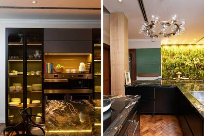 “Es algo que nunca se nos hubiera ocurrido, pero aporta mucha vida”, opinan los dueños de casa sobre el jardín vertical. Riego automático, iluminación artificial y un service mensual lo mantienen verde incluso en esta cocina sin luz natural.