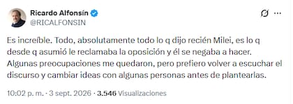 "Es lo que le reclamaba la oposición", escribió Alfonsín