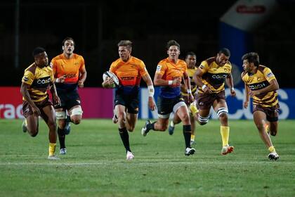 Escena del partido que disputaron Jaguares y Cafeteros Pro por la Superliga Americana de Rugby 2021; el equipo argentino arrancó con un buen envión