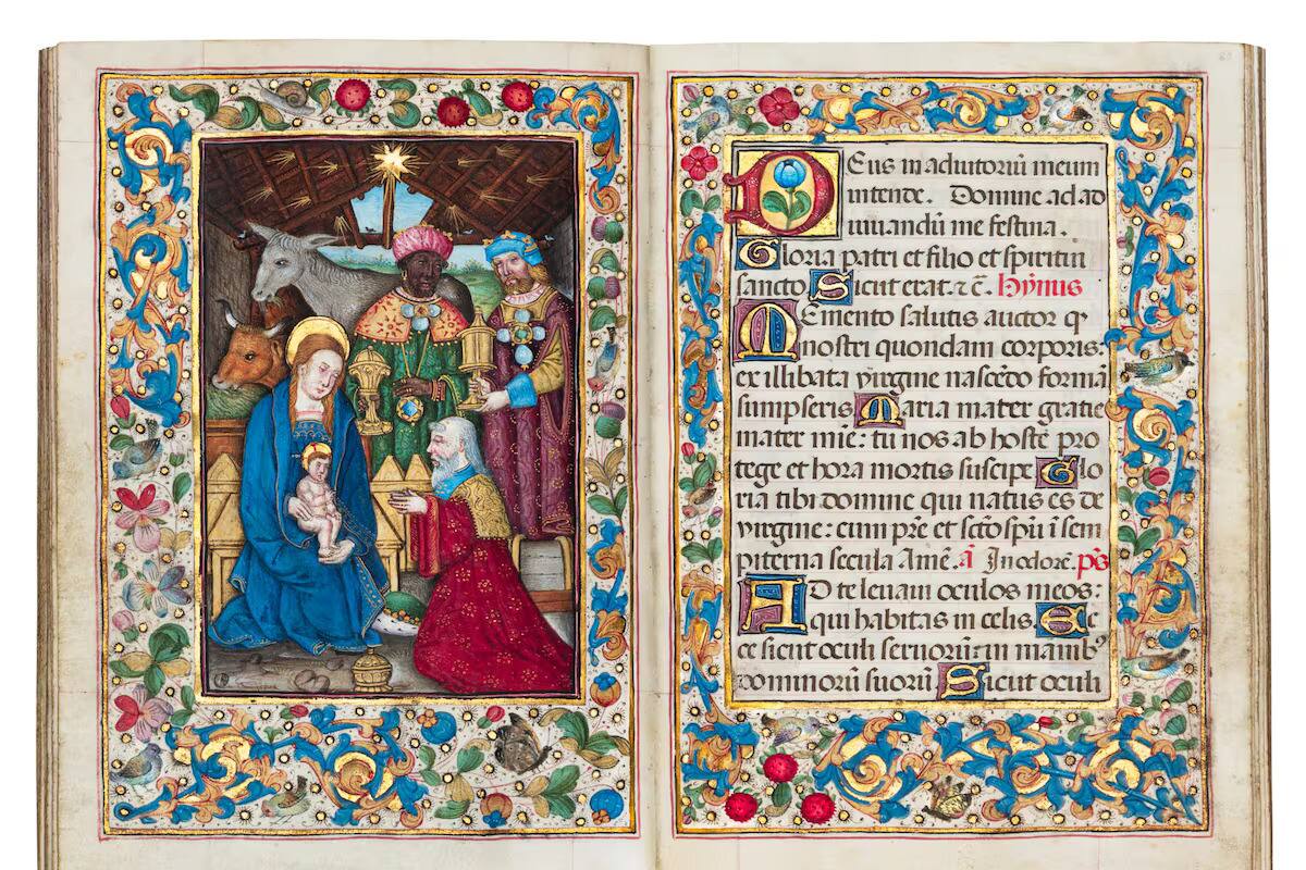 Escena iluminada de la Adoración de los Magos, en el "Libro de horas Gralla"