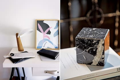 Escritorio con lámina y cubo de mármol ‘Negromarquina’ (VK Home)