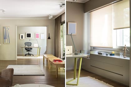 Escritorio (Valeria Lamas y Victoria D’Ornellas). Silla ‘Aeron’ de Herman Miller (Colección). Lámpara ‘Demetra’ de Artemide (Griscan). Obras de Azul Caverna, con asesoramiento de Marcela Frydman para su montaje. El tono de la pared y del mueble bajo ventana es el ‘Intellectual Grey’ (Sherwin Williams).