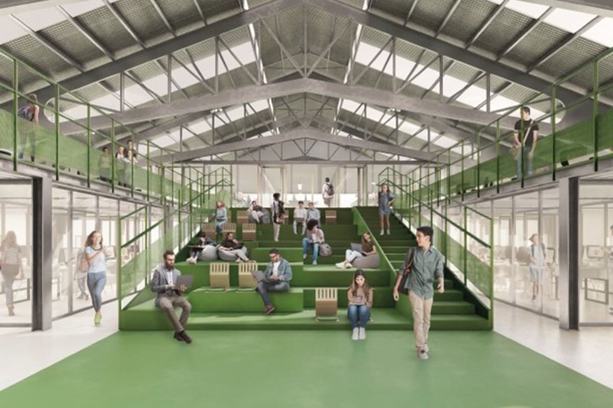 Espacio previsto en la nueva sede de TUMO en el Parque de la Innovación, diseñado para el trabajo colaborativo de los estudiantes
