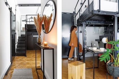 Para este departamento de 3,5m de altura, la arquitecta diseñó un entrepiso de hierro negro que prefabricó y terminó de ensamblar in situ