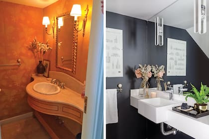 Espejo (Cristalería Bernal). Apliques (Del Cogliano Iluminación). Mesada de Silestone (Marmolería Eduardo Galleano). Bacha semiencastrada ‘L.830.17′ (Deca). Grifería (Hansgrohe).