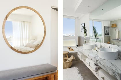 Espejo redondo con marco de madera (La Charrúa). En el baño, banco redondo de álamo (Sol Palou) y canasto de seagrass (Studio Deco). Cruce de álamo teñido (Chichita Home).