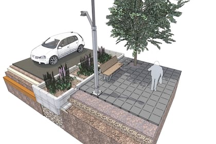Esquema que demuestra el sistema de infiltración de agua de las banquetas verdes y jardines infiltrantes proyectados por EET Estudio.