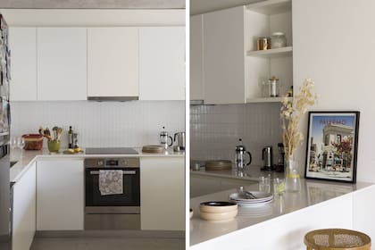 Esta cocina da cuenta de los ajustes que se hicieron ad hoc para cada cliente: si bien mantiene los mismos frentes, mesada y revestimiento que los otros departamentos, aquí el piso de madera cambia por un porcelanato para diferenciarse del living.