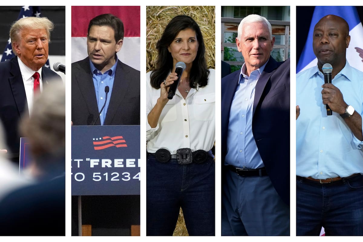 Esta combinación de fotografías de 2023 muestra, de izquierda a derecha, al expresidente Donald Trump; al gobernador de Florida, Ron DeSantis; a la ex embajadora ante la ONU Nikki Haley; al exvicepresidente Mike Pence y al senador de Carolina del Sur Tim Scott. (AP Foto/Charlie Neibergall, Meg Kinnard)